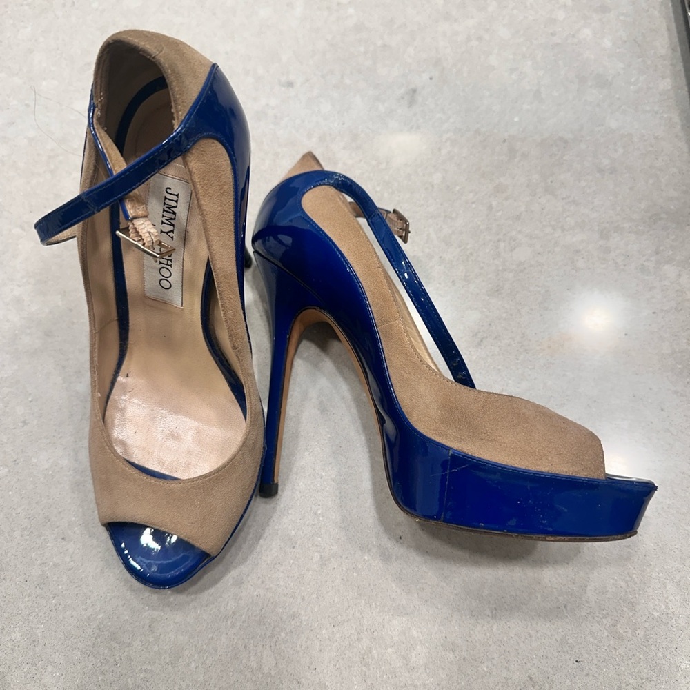 Jimmy Choo Beige and Blue Peep-Toe Heels